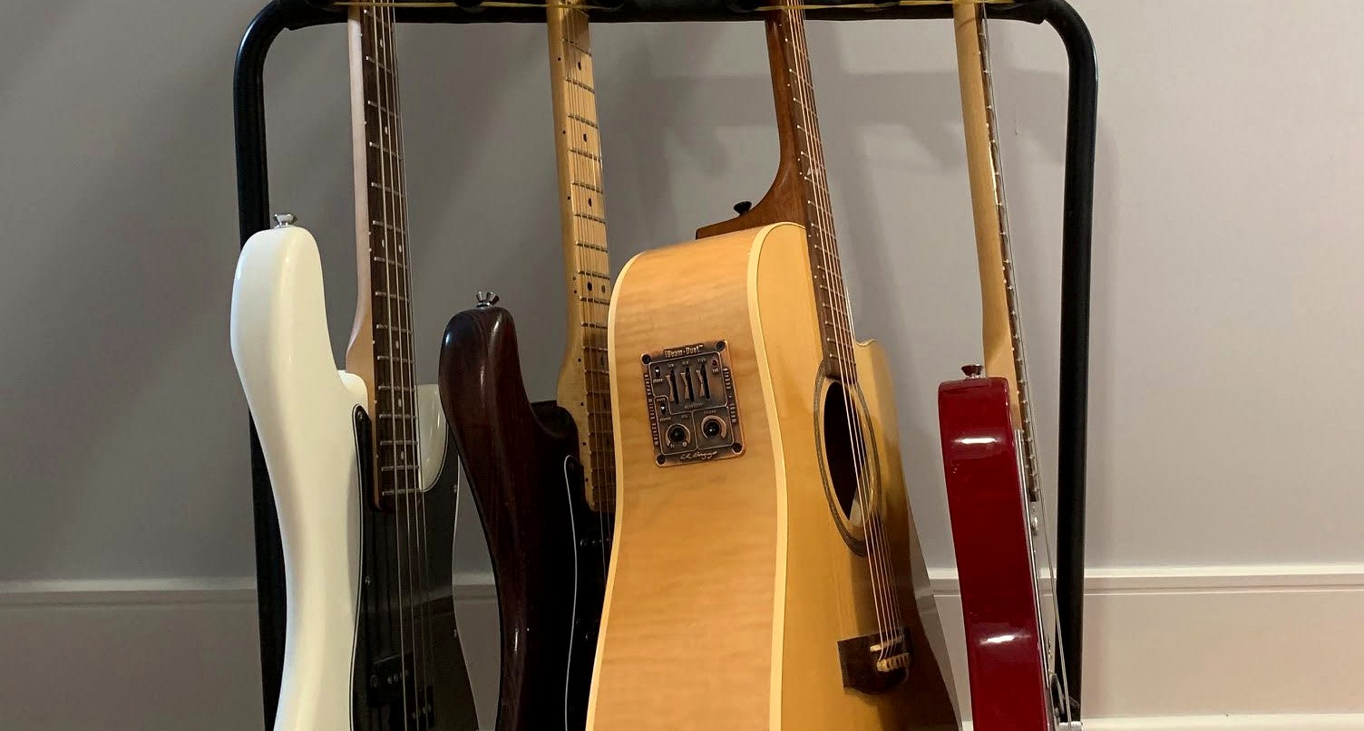 The MacDonald Brothers’ guitars on a stand